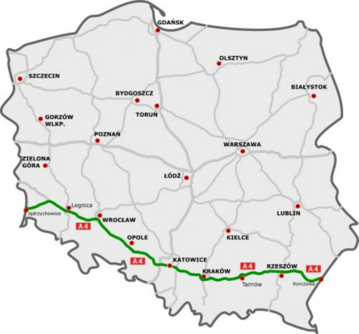 Траса починається на кордоні з Львівською областю, поблизу митного пункту Корчева (на українській стороні - Краковець) і йде через Жешув, Краків, Катовіце, Ополє, Вроцлав, Легніца до кордону з Німеччиною