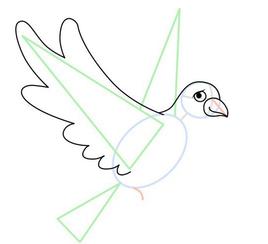 В кожному випадку необхідно за допомогою простих фігур позначити частини тіла птиці (голова і тулуб - це овали різного розміру, крила - трапеція, хвіст і лапки - трикутники)