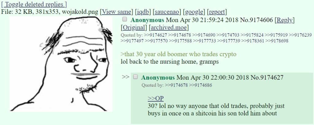 Перше відоме використання фрази «30 Year-Old Boomer», що належить анонімному користувачу дошки / biz / іміджборда   4chan   30 квітня 2018 року