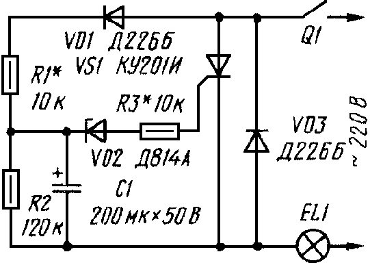 Як тільки напруга на конденсаторі досягне напруги стабілізації стабілітрона VD2, відкриється тринистор VS1 і лампа спалахне майже в повний накал