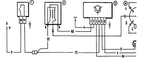 Керуючі імпульси на комутатор подаються від безконтактного датчика, розташованого в датчику-розподільнику 4 запалювання