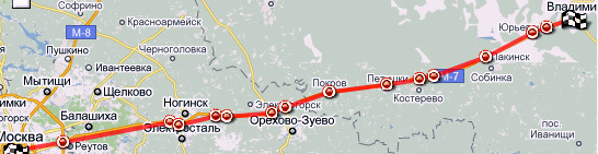 а також в умовах підмосковних пробок має значення варіант маршруту по А-103 Косинська вул переходить в Р-75 (Щелково-Черноголовка-Киржач-Кольчугіно)