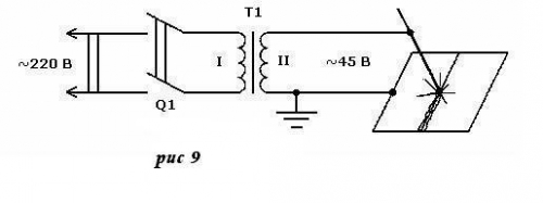 На наведеній нижче схемі зображено найпростіший дугового зварювальний трансформатор